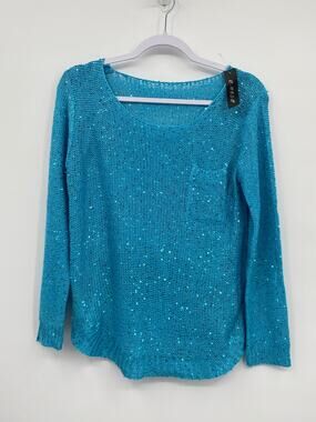 C-Mode Scoop Neck Pullover MSequin Knit Sweater Blue Size Small